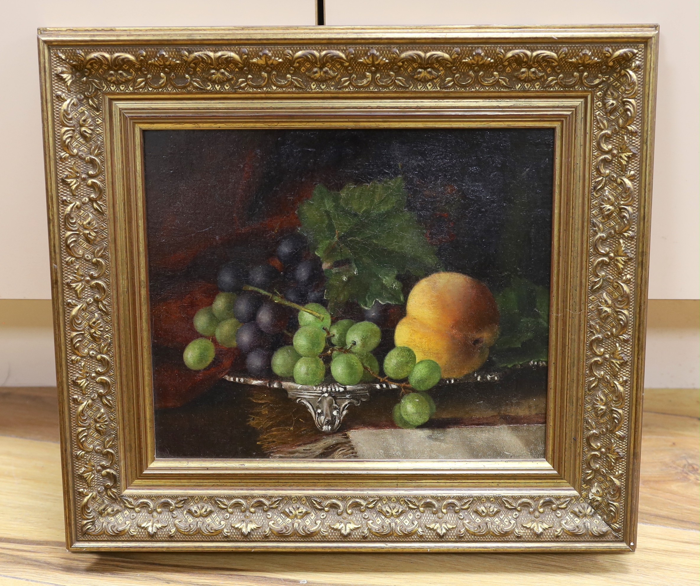 Victorian School, oil on canvas, Still life of fruit upon a silver salver, 24 x 29cm